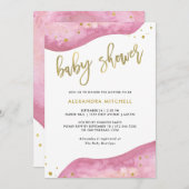 水彩ピンクと金ゴールドジオードベビーシャワー 招待状 (正面/裏面)