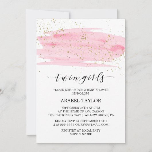 水彩ピンクと金ゴールドツインガールズベビーシャワー 招待状 (正面)