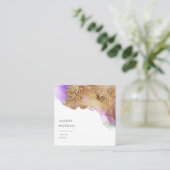 水彩ピンクと金ゴールドフォイルフェイクビジネスカード スクエア名刺 (スタンド正面)