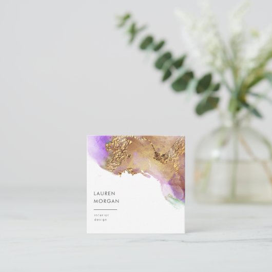 水彩ピンクと金ゴールドフォイルフェイクビジネスカード スクエア名刺 (スタンド正面)