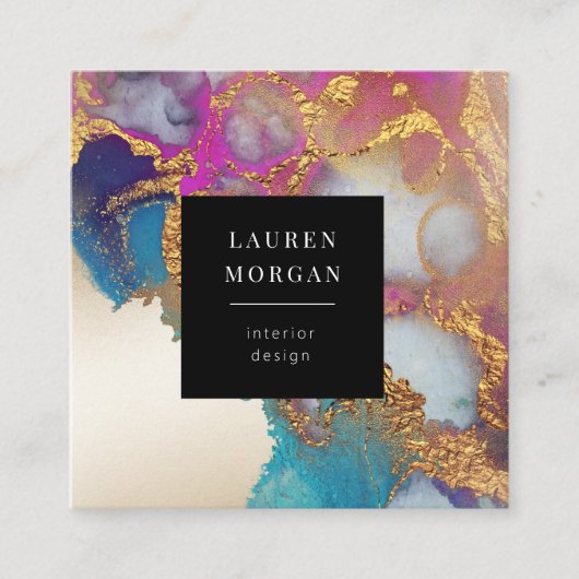水彩ピンクと金ゴールドフォイルフェイクビジネスカード スクエア名刺 (正面)