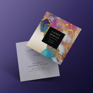 水彩ピンクと金ゴールドフォイルフェイクビジネスカード スクエア名刺