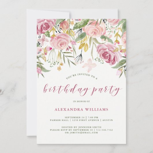 水彩ピンクと金ゴールドフローラ誕生パーティー 招待状 (正面)