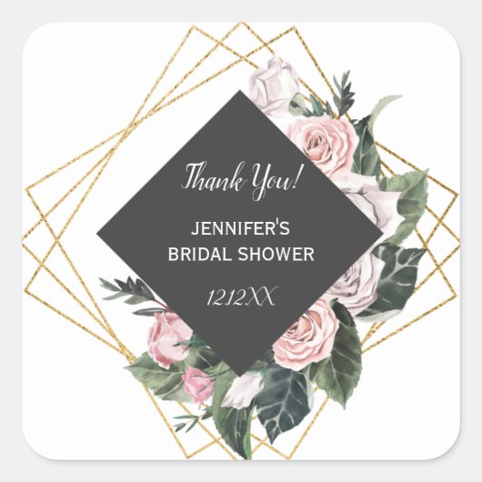 水彩ピンクと金ゴールドフローラ スクエアシール (正面)