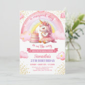 水彩ピンクと金ゴールドユニコーン5歳の誕生日 招待状 (スタンド正面)