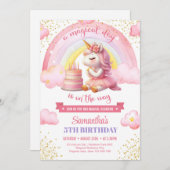 水彩ピンクと金ゴールドユニコーン5歳の誕生日 招待状 (正面/裏面)