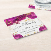 水彩ピンクと金ゴールド結婚の花 スクエアペーパーコースター (アングル)