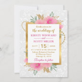 水彩ピンクと金ゴールド結婚の花 招待状 (正面)