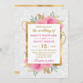 水彩ピンクと金ゴールド結婚の花 招待状 (正面/裏面)