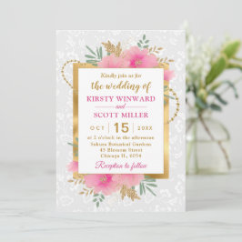 水彩ピンクと金ゴールド結婚の花 招待状
