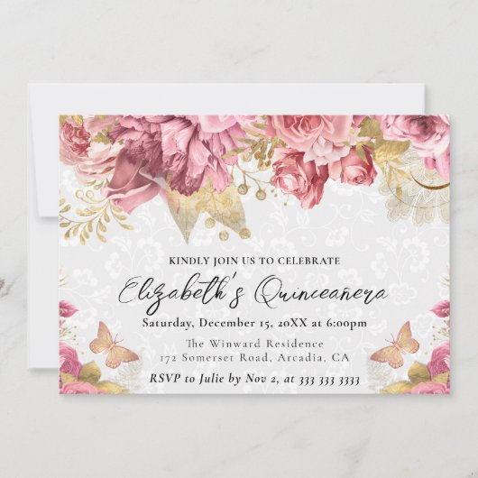 水彩ピンクと金ゴールド花キンセアニェラ 招待状 (正面)