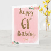 水彩ピンクと金ゴールド61誕生日 カード (黄色い花)