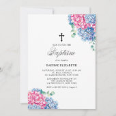 水彩ピンクと青あじさいバプテスマ 招待状 (正面)