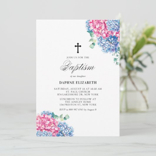 水彩ピンクと青あじさいバプテスマ 招待状 (スタンド正面)