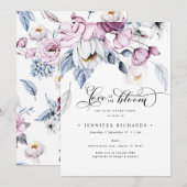 水彩ピンクと青の花のブライダルシャワー 招待状 (正面/裏面)