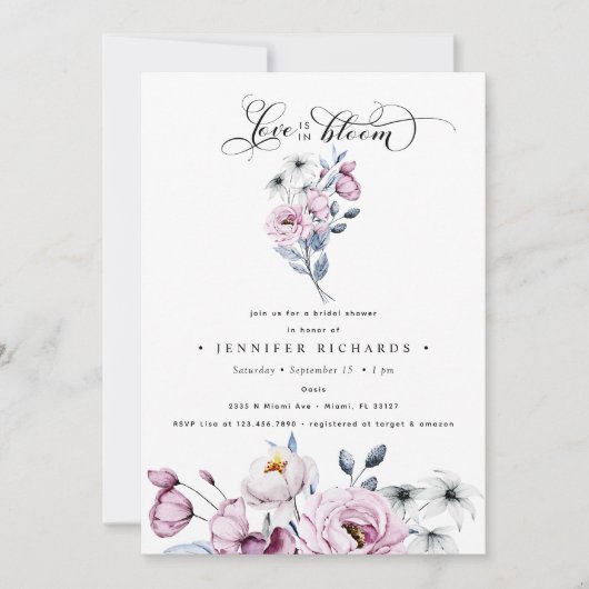 水彩ピンクと青の花のブライダルシャワー 招待状 (正面)