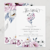 水彩ピンクと青の花のブライダルシャワー 招待状 (正面/裏面)