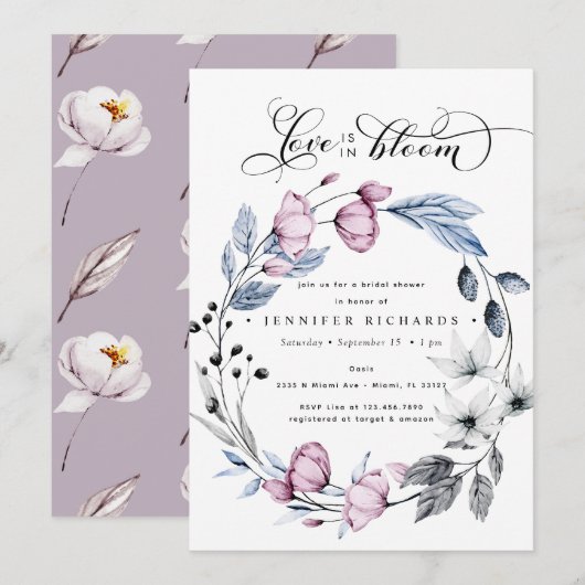 水彩ピンクと青の花のブライダルシャワー 招待状 (正面/裏面)
