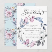水彩ピンクと青の花のブライダルシャワー 招待状 (正面/裏面)