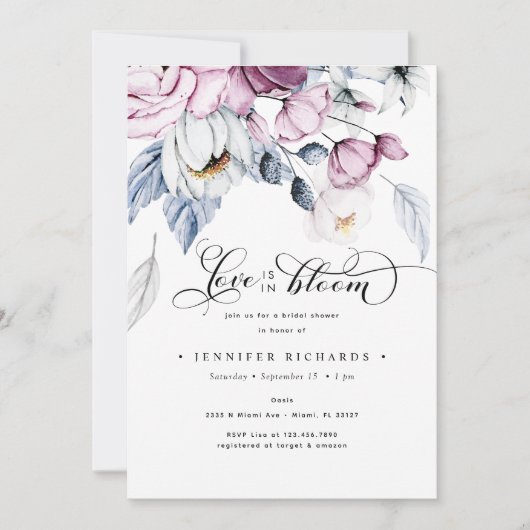 水彩ピンクと青の花のブライダルシャワー 招待状 (正面)