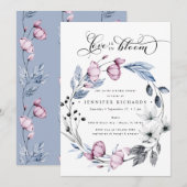 水彩ピンクと青の花のブライダルシャワー 招待状 (正面/裏面)