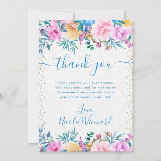 水彩ピンクと青の花キンセアニェラ サンキューカード (正面)