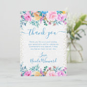 水彩ピンクと青の花キンセアニェラ サンキューカード (スタンド正面)