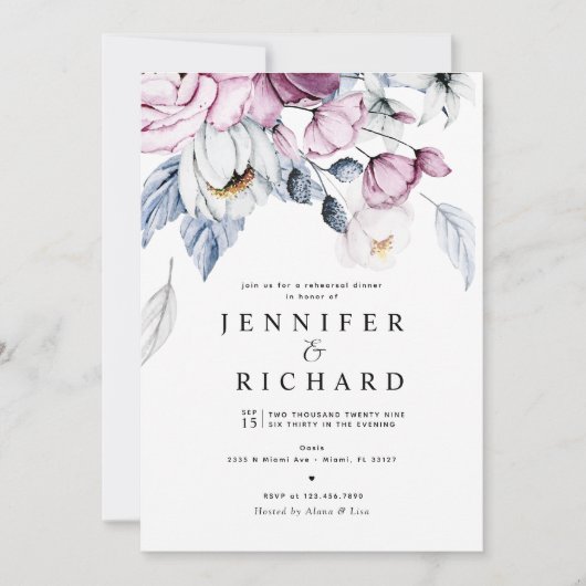 水彩ピンクと青の花リハーサルディナー 招待状 (正面)
