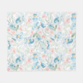 水彩ピンクと青の花白 フリースブランケット (正面(横))