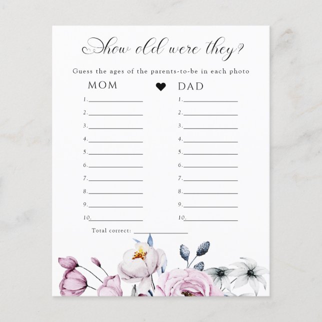 水彩ピンクと青の花赤ちゃんシャワーゲーム (正面)