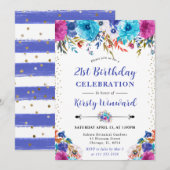水彩ピンクと青の花21歳の誕生日 招待状 (正面/裏面)