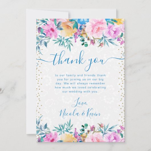 水彩ピンクと青結婚の花 サンキューカード (正面)