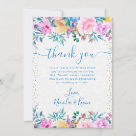 水彩ピンクと青結婚の花 サンキューカード