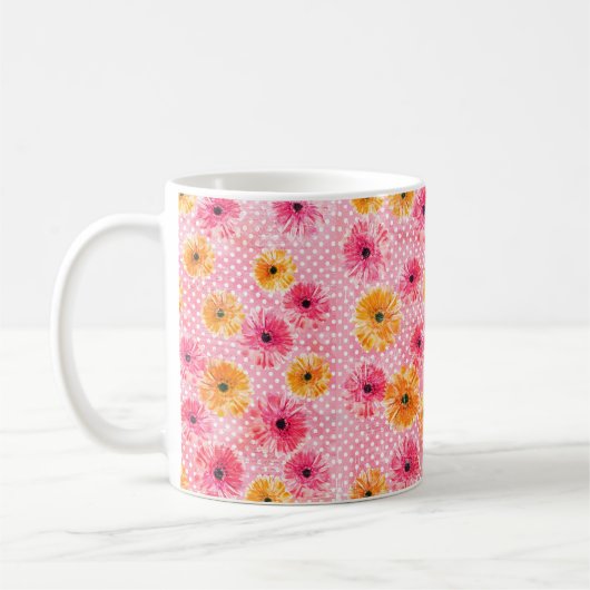 水彩ピンクと黄色のゲルベラの花柄 コーヒーマグカップ (左)