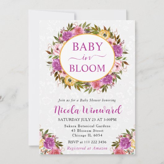 水彩ピンクと黄色のリースベビーシャワー 招待状 (正面)