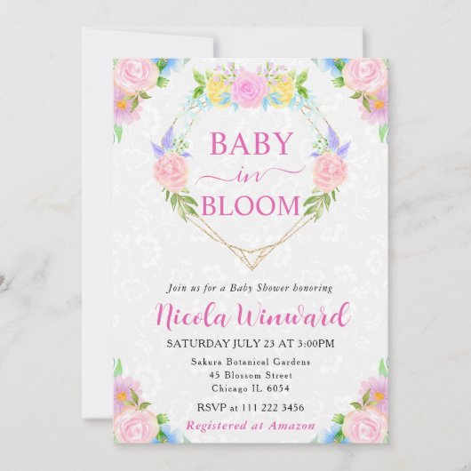 水彩ピンクと黄色のリースベビーシャワー 招待状 (正面)