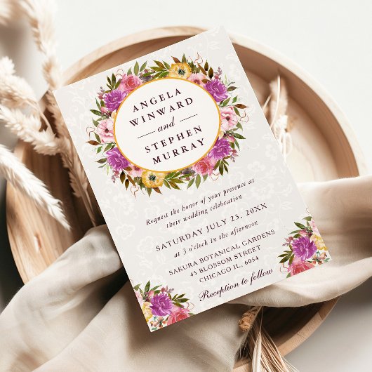 水彩ピンクと黄色のリース結婚ズ 招待状