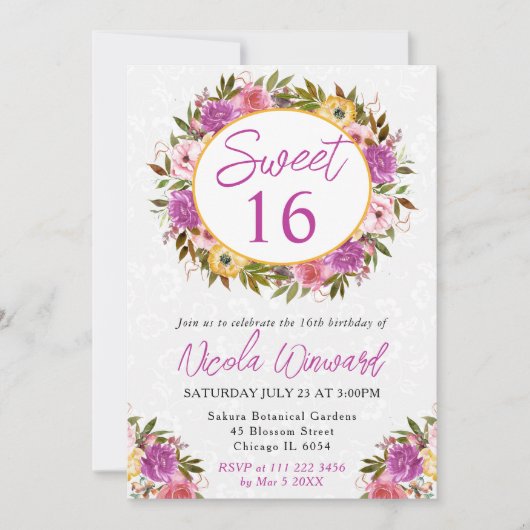 水彩ピンクと黄色の夏のリース甘い16 招待状 (正面)