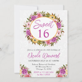 水彩ピンクと黄色の夏のリース甘い16 招待状