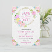 水彩ピンクと黄色の夏のリース結婚ズ セーブザデート (スタンド正面)
