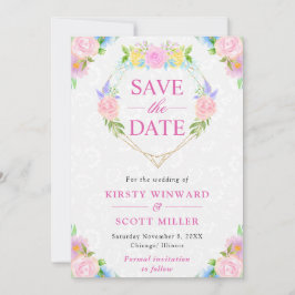 水彩ピンクと黄色の夏のリース結婚ズ セーブザデート