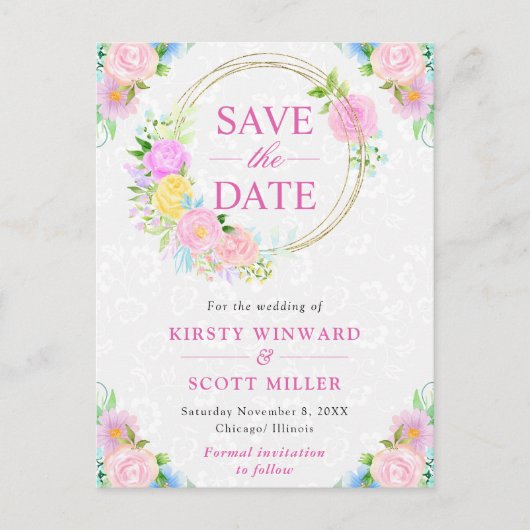 水彩ピンクと黄色の夏のリース結婚ズ ポストカード (正面)