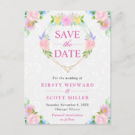 水彩ピンクと黄色の夏のリース結婚ズ ポストカード