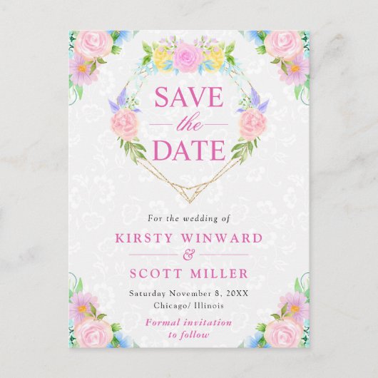 水彩ピンクと黄色の夏のリース結婚ズ ポストカード (正面)