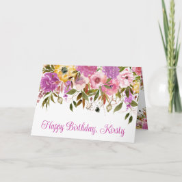 水彩ピンクと黄色の春の花誕生日 カード
