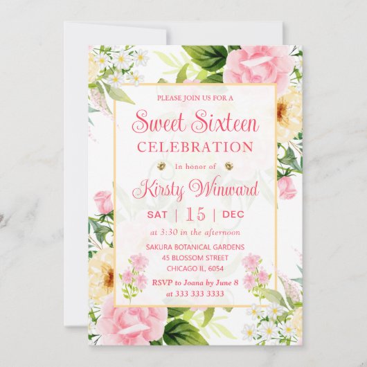 水彩ピンクと黄色の花のSweet sixteen 招待状 (正面)