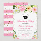 水彩ピンクと黄色の花を卒業 招待状 (正面/裏面)