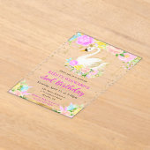 水彩ピンクと黄色の花スワン誕生日 アクリル招待状 (レイダウン)