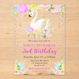 水彩ピンクと黄色の花スワン誕生日 アクリル招待状