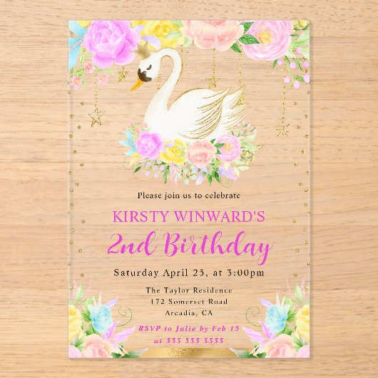 水彩ピンクと黄色の花スワン誕生日 アクリル招待状 (正面)
